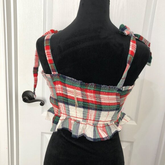 Aerie‎ Women's Plaid Sleeveless Crop Top With Shoulder Ties & Ruffle Hem Size M - Picture 8 of 8